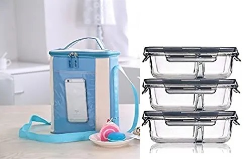 HOMIES, (Set of 4 PCS, 2 Partition 3 and 1 Insulated Lunch Box Carry Bag, BPA-Free Food Storage Organizer Container with Lids (Clear, 630 Ml, Each) - Set of 4 Pieces