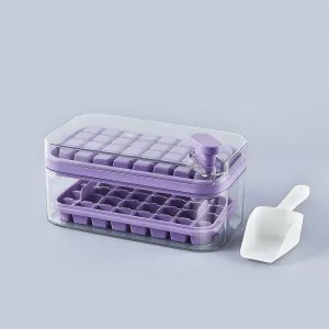 Kuber Industries Pack of 2| 2 Layer Ice Cube Tray with Lid | Ice Cube Storage Box with Ice Scoop | 64 Ice Cube Molds for Freezing | One-Press Demolding | BPA Free | Purple