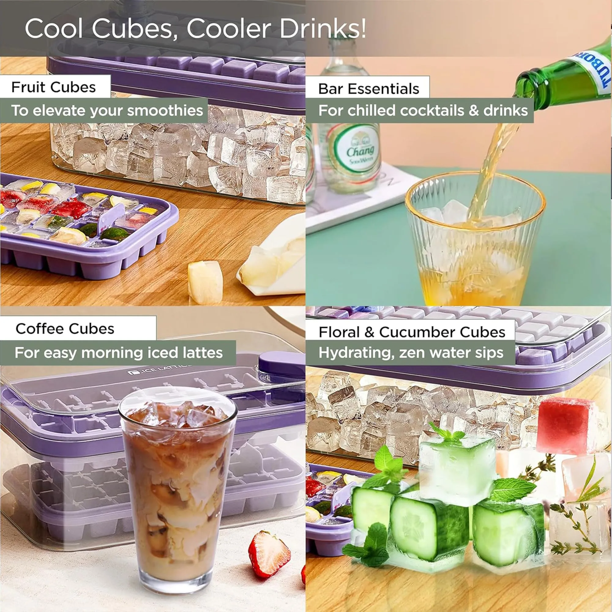 Kuber Industries Pack of 2| 2 Layer Ice Cube Tray with Lid | Ice Cube Storage Box with Ice Scoop | 64 Ice Cube Molds for Freezing | One-Press Demolding | BPA Free | Purple