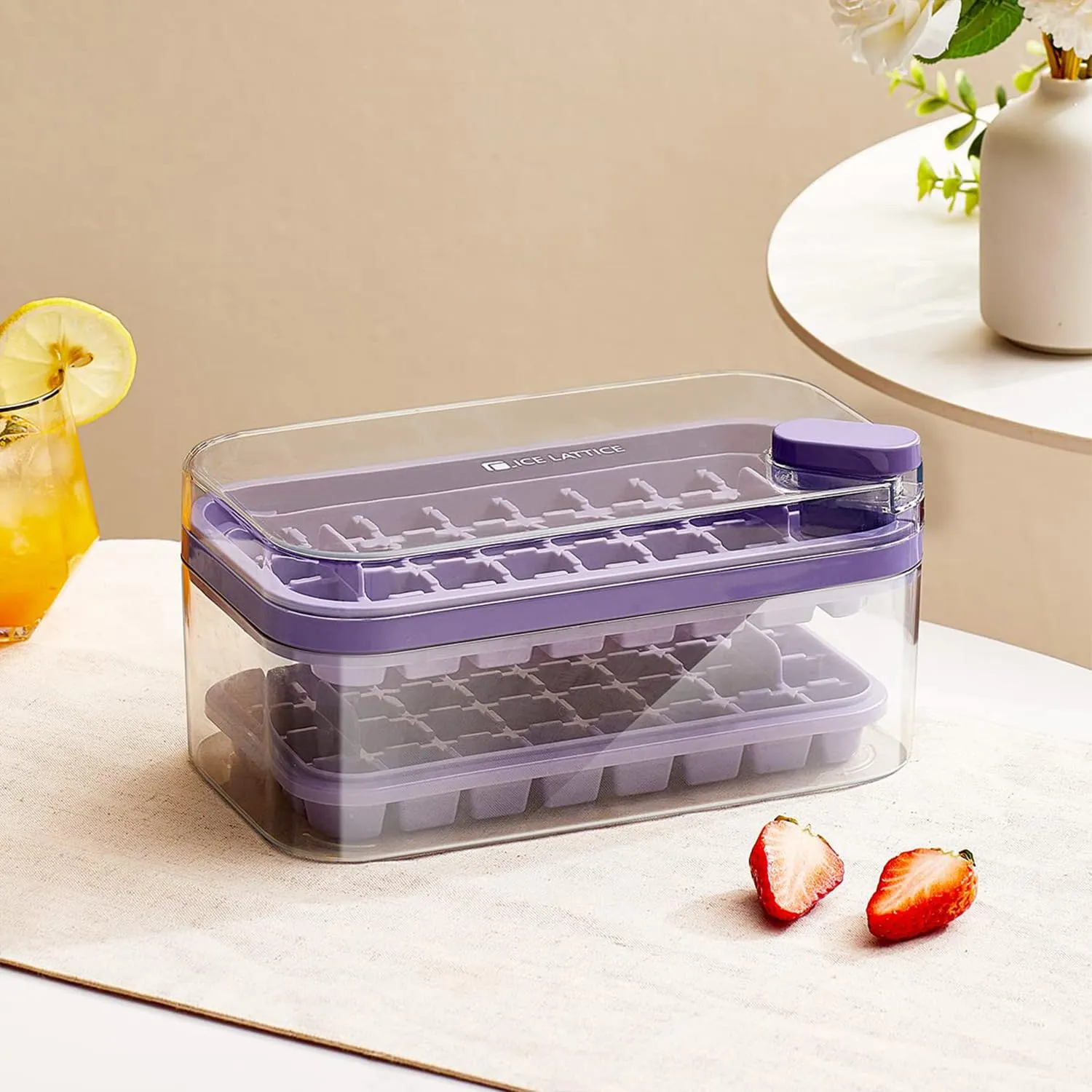 Kuber Industries Pack of 2| 2 Layer Ice Cube Tray with Lid | Ice Cube Storage Box with Ice Scoop | 64 Ice Cube Molds for Freezing | One-Press Demolding | BPA Free | Purple