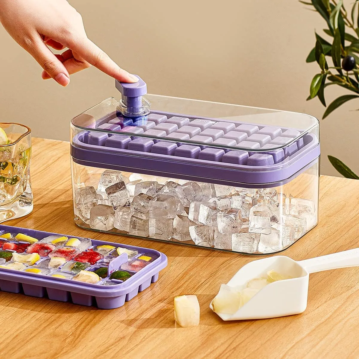 Kuber Industries Pack of 2| 2 Layer Ice Cube Tray with Lid | Ice Cube Storage Box with Ice Scoop | 64 Ice Cube Molds for Freezing | One-Press Demolding | BPA Free | Purple