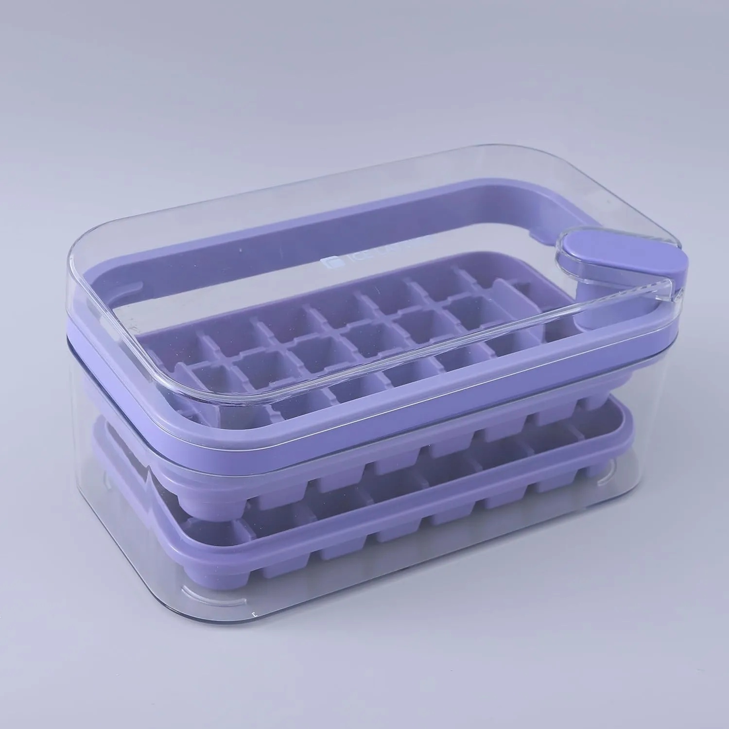 Kuber Industries Pack of 2| 2 Layer Ice Cube Tray with Lid | Ice Cube Storage Box with Ice Scoop | 64 Ice Cube Molds for Freezing | One-Press Demolding | BPA Free | Purple