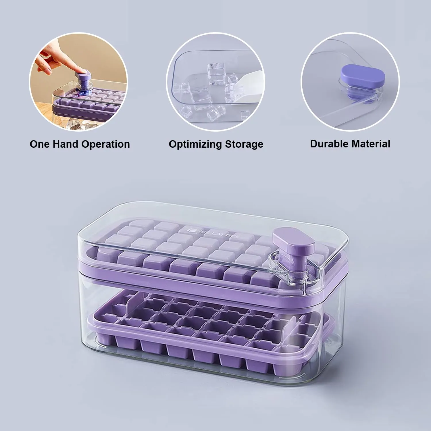 Kuber Industries Pack of 2| 2 Layer Ice Cube Tray with Lid | Ice Cube Storage Box with Ice Scoop | 64 Ice Cube Molds for Freezing | One-Press Demolding | BPA Free | Purple