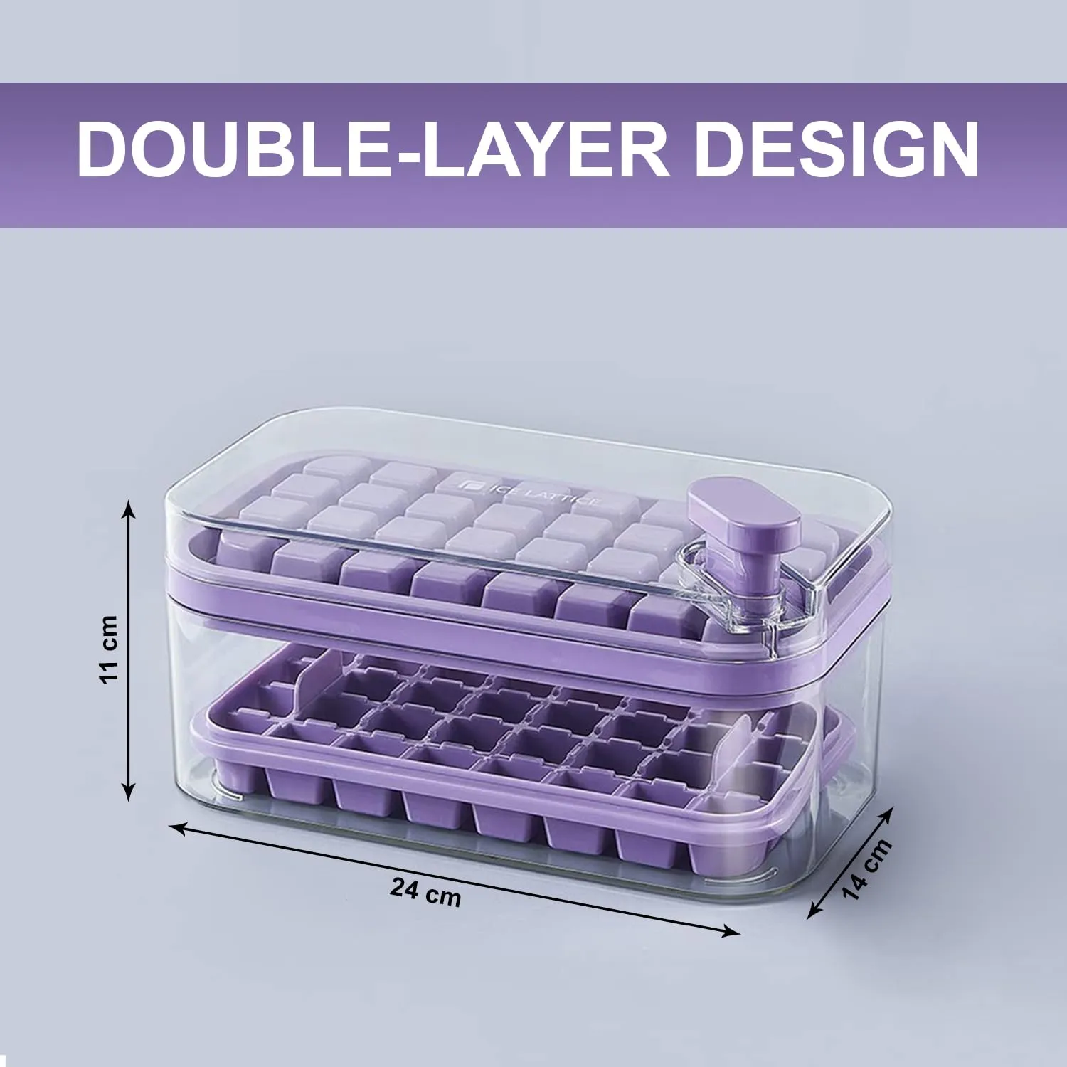 Kuber Industries Pack of 2| 2 Layer Ice Cube Tray with Lid | Ice Cube Storage Box with Ice Scoop | 64 Ice Cube Molds for Freezing | One-Press Demolding | BPA Free | Purple