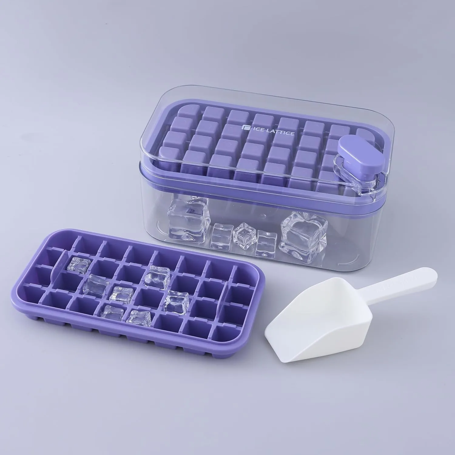 Kuber Industries Pack of 2| 2 Layer Ice Cube Tray with Lid | Ice Cube Storage Box with Ice Scoop | 64 Ice Cube Molds for Freezing | One-Press Demolding | BPA Free | Purple