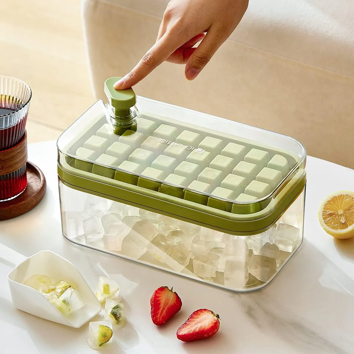 Kuber Industries Pack of 3| 2 Layer Ice Cube Tray with Lid | Ice Cube Storage Box with Ice Scoop | 64 Ice Cube Molds for Freezing | One-Press Demolding | BPA Free | Green