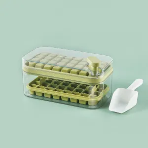 Kuber Industries Pack of 3| 2 Layer Ice Cube Tray with Lid | Ice Cube Storage Box with Ice Scoop | 64 Ice Cube Molds for Freezing | One-Press Demolding | BPA Free | Green