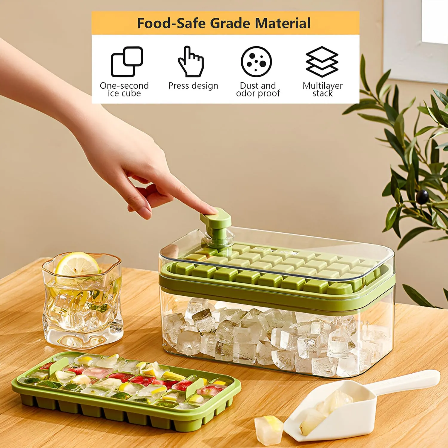 Kuber Industries Pack of 3| 2 Layer Ice Cube Tray with Lid | Ice Cube Storage Box with Ice Scoop | 64 Ice Cube Molds for Freezing | One-Press Demolding | BPA Free | Green