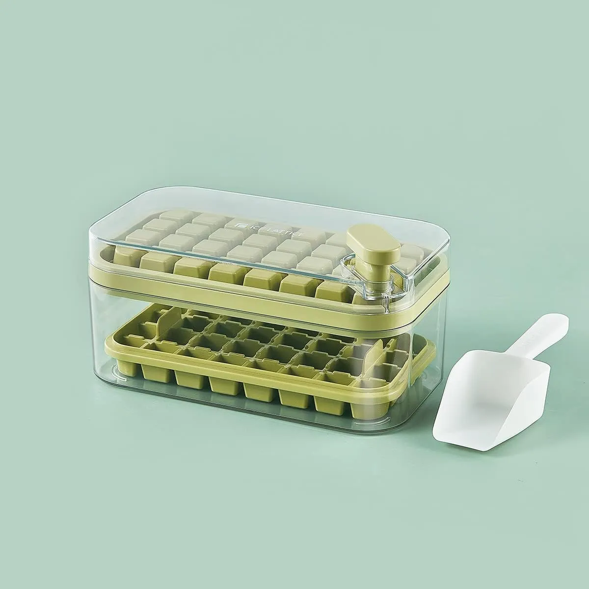 Kuber Industries Pack of 5| 2 Layer Ice Cube Tray with Lid | Ice Cube Storage Box with Ice Scoop | 64 Ice Cube Molds for Freezing | One-Press Demolding | BPA Free | Green