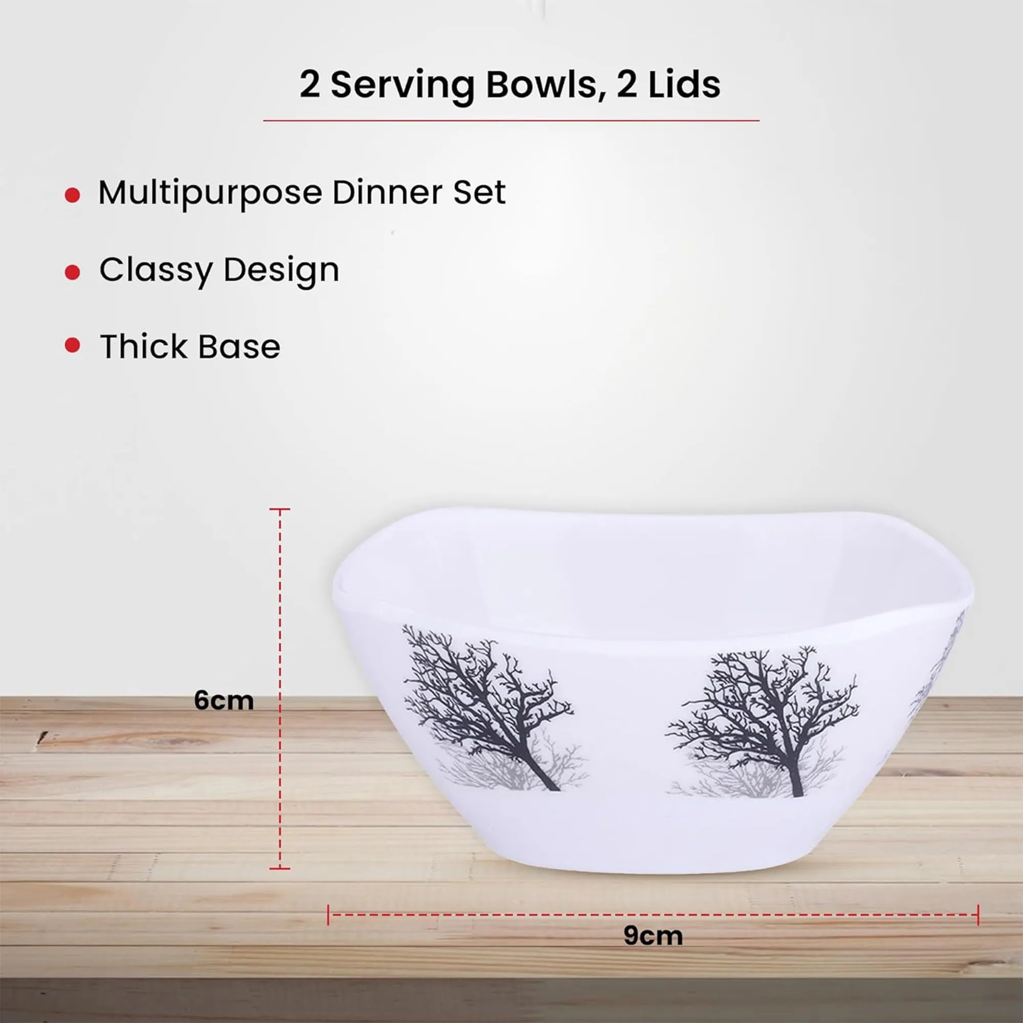 Kuber Industries Shatter Resistant Melamine White Bowls Set of 6 | Lightweight, BPA Free Aesthetic Bowl Set | Black Tree Print - White