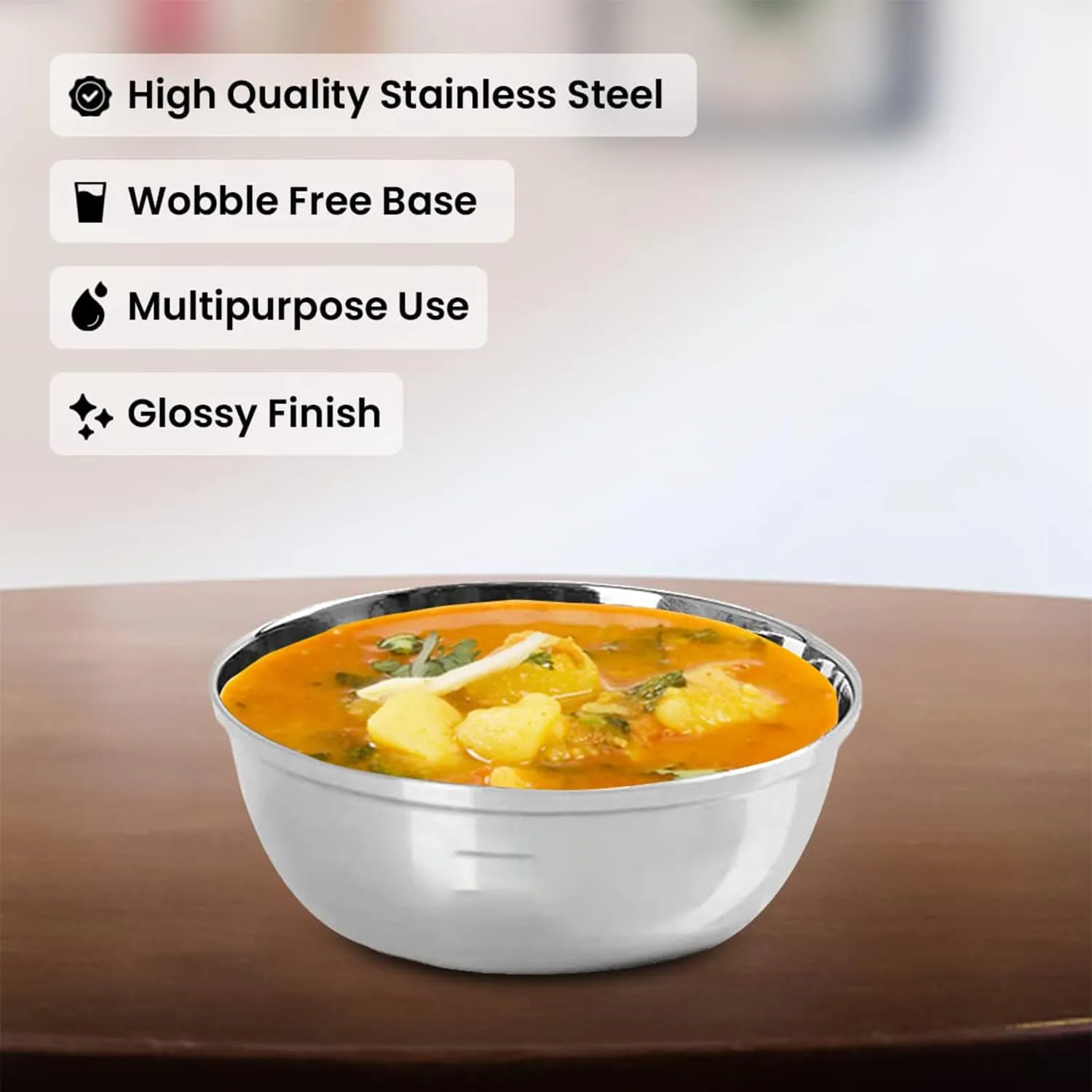 Kuber Industries Stainless Steel Bowl Kitchen Set | Durable & Wobble Free Base | Rust Proof, Easy to Clean & Store | Essential Indian Dinnerware & Crockery | Steel Bowl Set of 6 (Pack of 5)