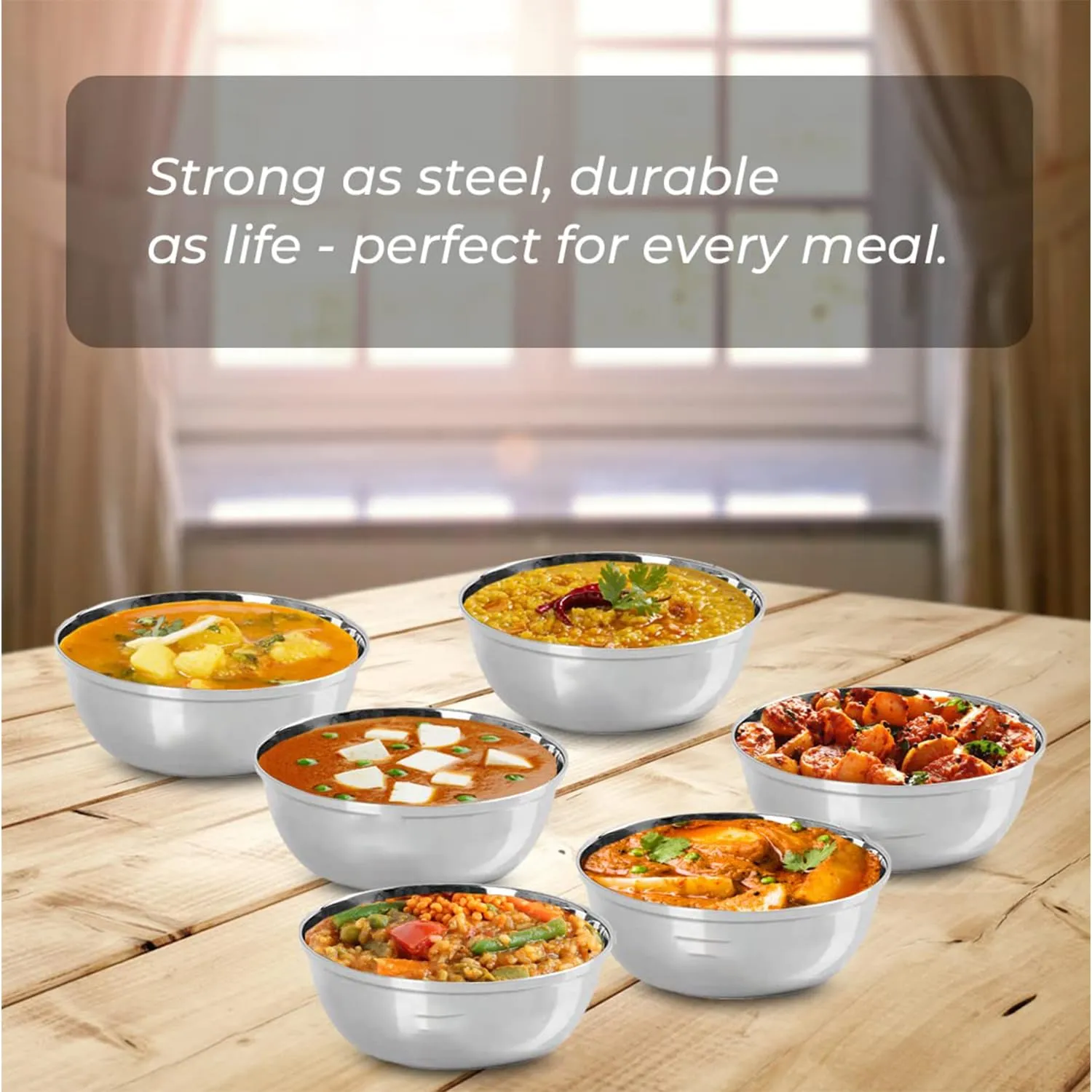 Kuber Industries Stainless Steel Bowl Kitchen Set | Durable & Wobble Free Base | Rust Proof, Easy to Clean & Store | Essential Indian Dinnerware & Crockery | Steel Bowl Set of 6 (Pack of 5)