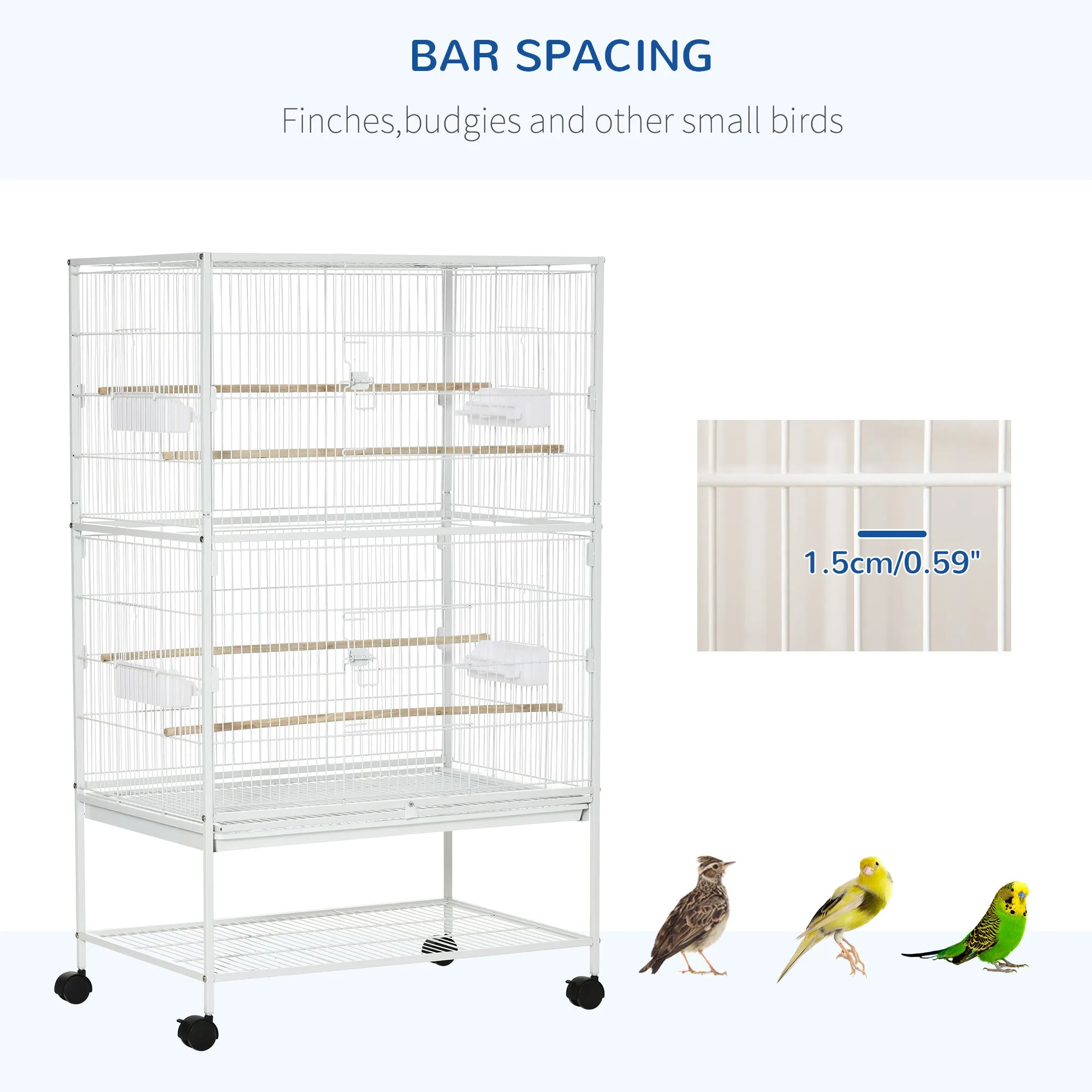 Large Bird Cage Budgie Cage for Finch Canaries Parakeet with Rolling Stand, Slide-out Tray, Storage Shelf, Food Containers, White