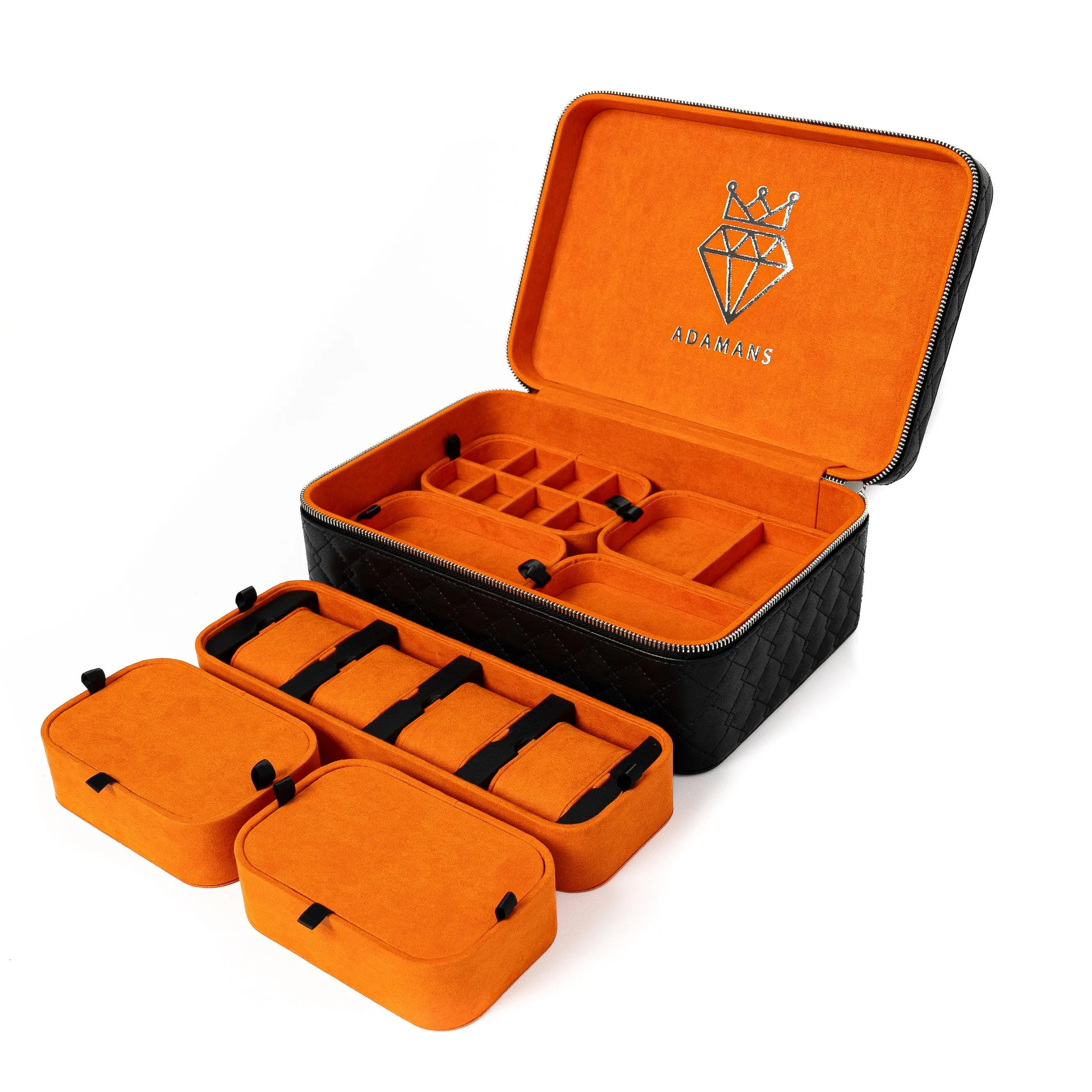 Leather Travel Jewellery Case - Jet Black & Orange