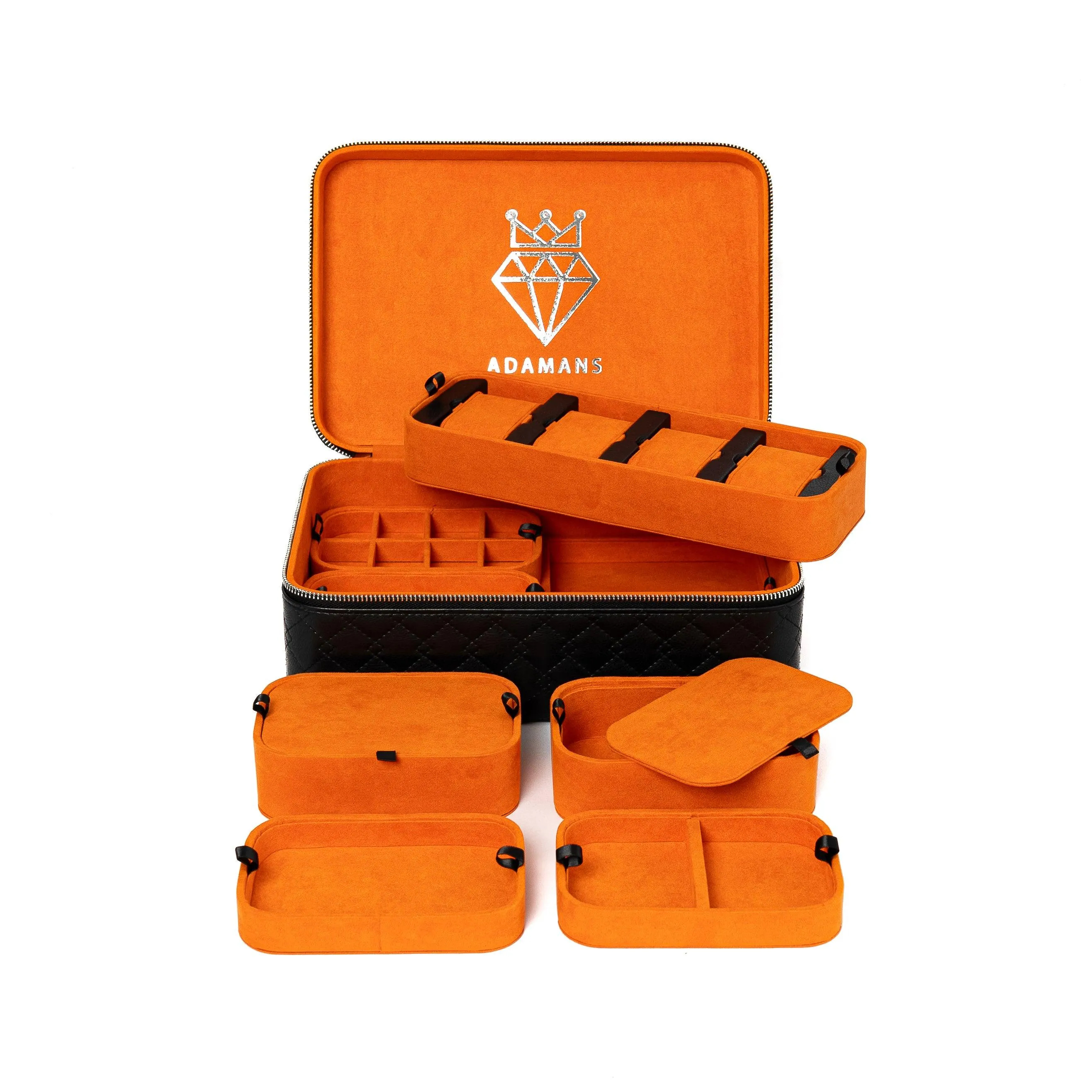 Leather Travel Jewellery Case - Jet Black & Orange