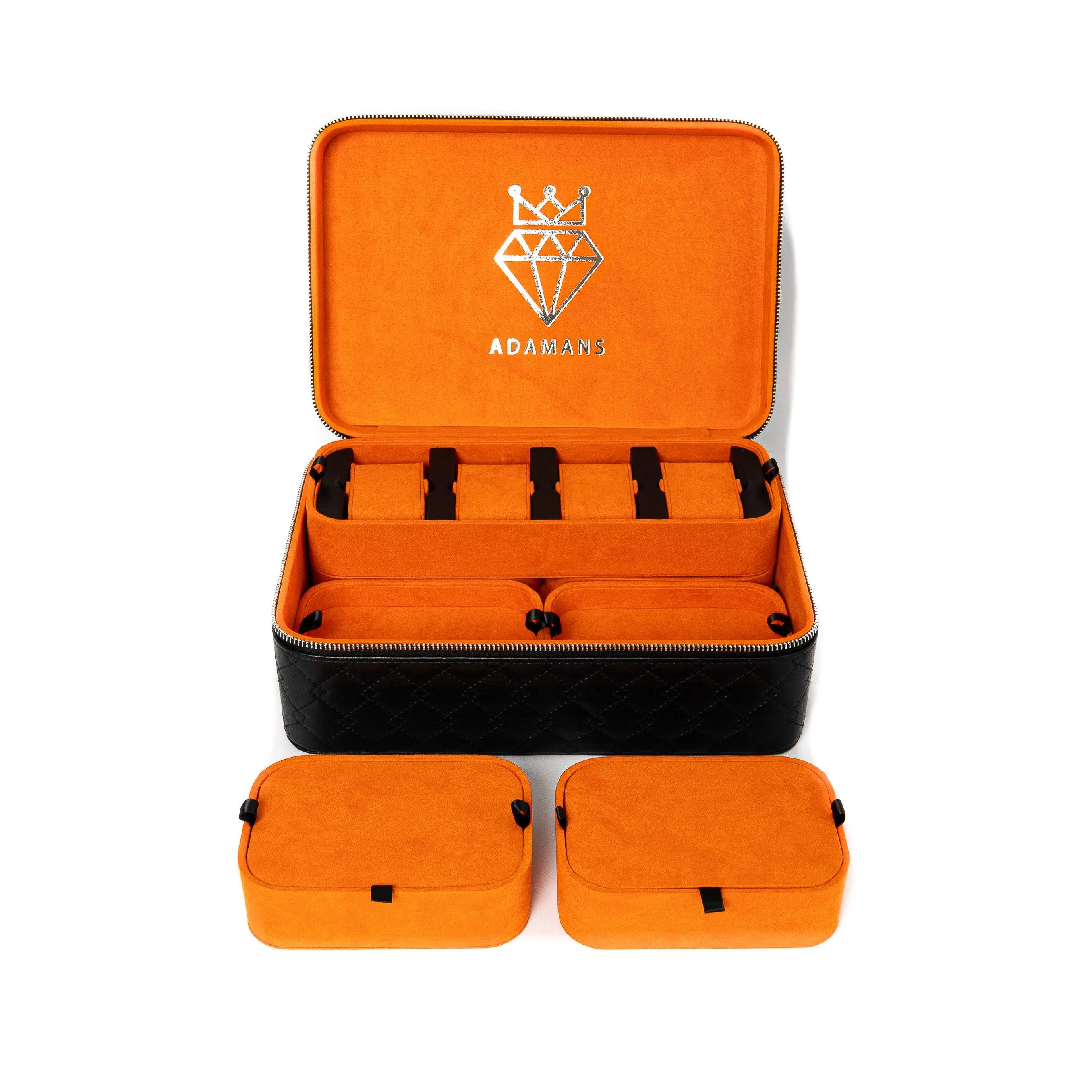 Leather Travel Jewellery Case - Jet Black & Orange