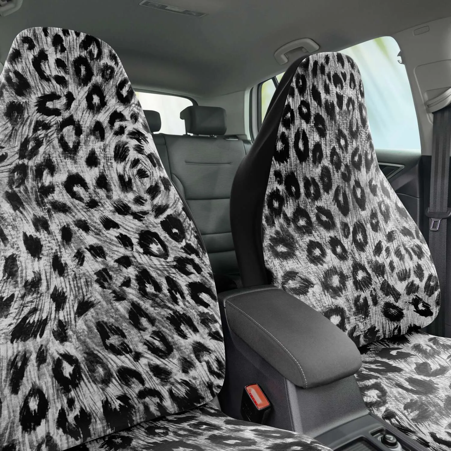 Leopard Car Seat Cover, Grey Black Wild Sexy Animal Print Luxury Car Seat Protectors (2 Pieces)