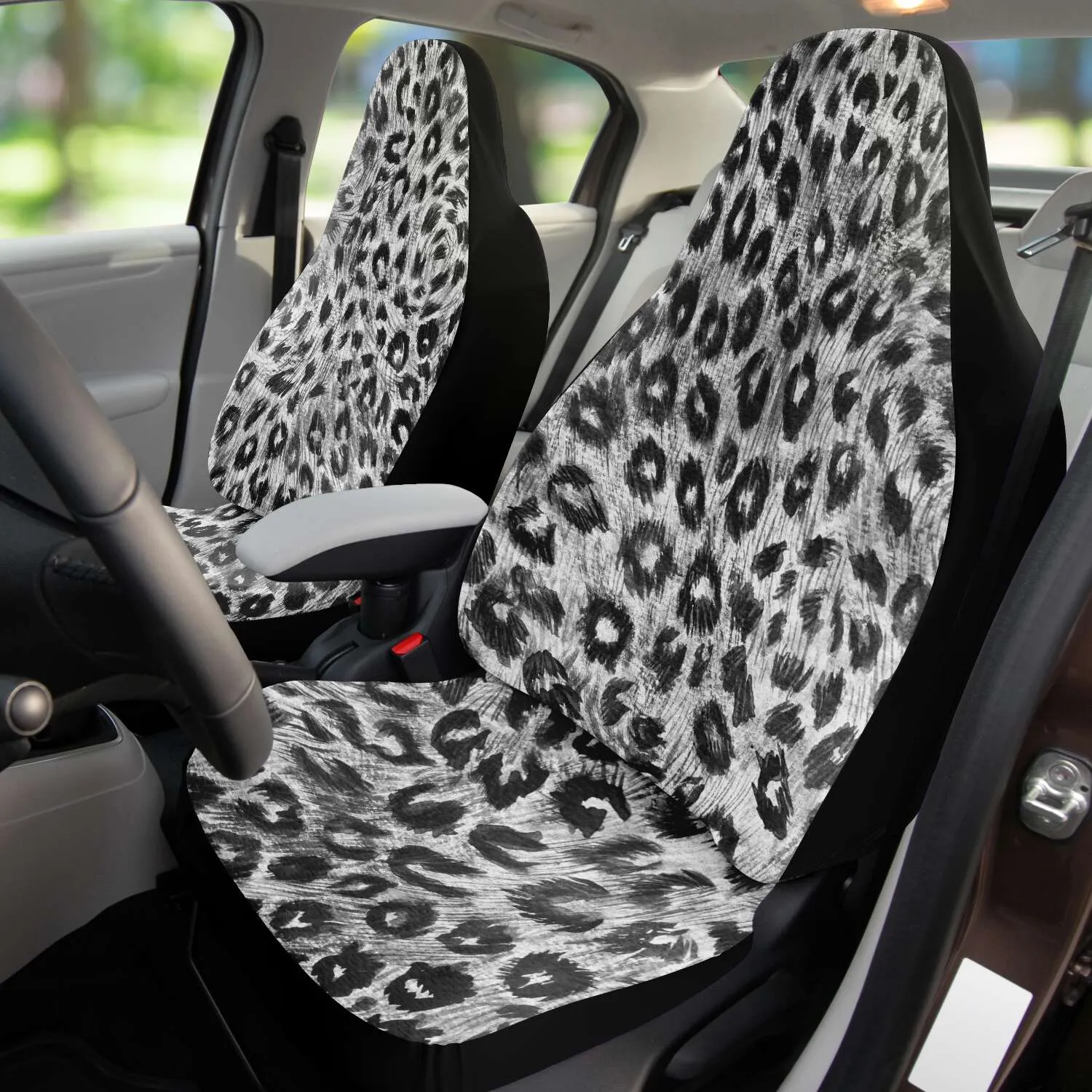 Leopard Car Seat Cover, Grey Black Wild Sexy Animal Print Luxury Car Seat Protectors (2 Pieces)