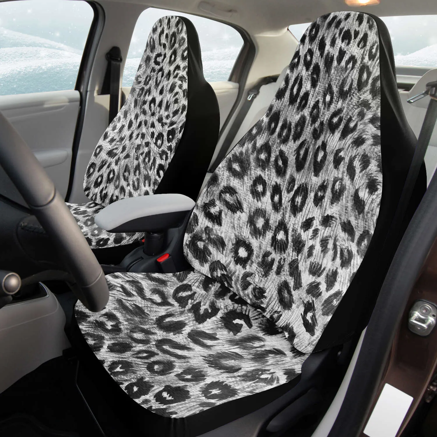 Leopard Car Seat Cover, Grey Black Wild Sexy Animal Print Luxury Car Seat Protectors (2 Pieces)