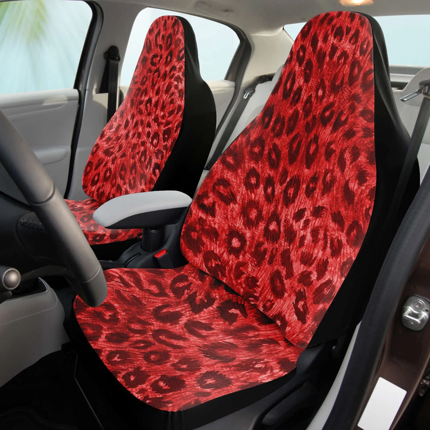 Leopard Car Seat Cover, Red Leopard Animal Print Designer Front Car Seat Protectors (2 Pack)