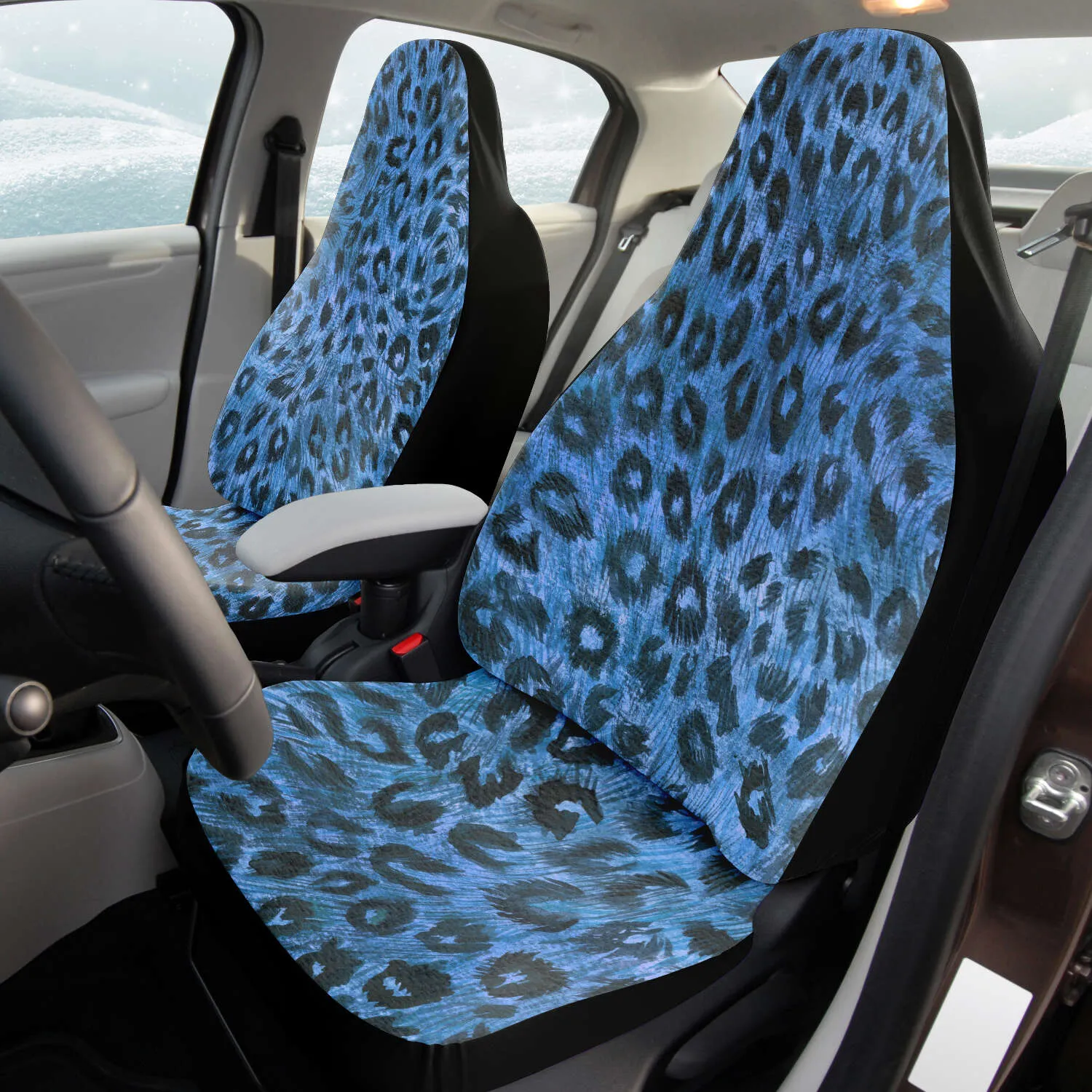 Leopard Car Seat Covers, Dark Blue Luxury Best Designer Front Car Seat Protectors (2 Pieces)