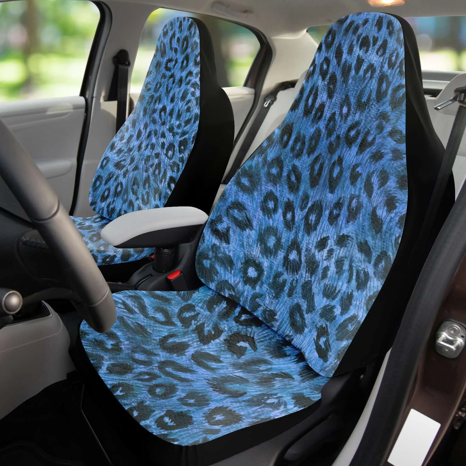 Leopard Car Seat Covers, Dark Blue Luxury Best Designer Front Car Seat Protectors (2 Pieces)