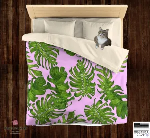 Pink Green Tropical Leaf Print Designer Microfiber Duvet Cover-Made in USA(Twin/ Queen)