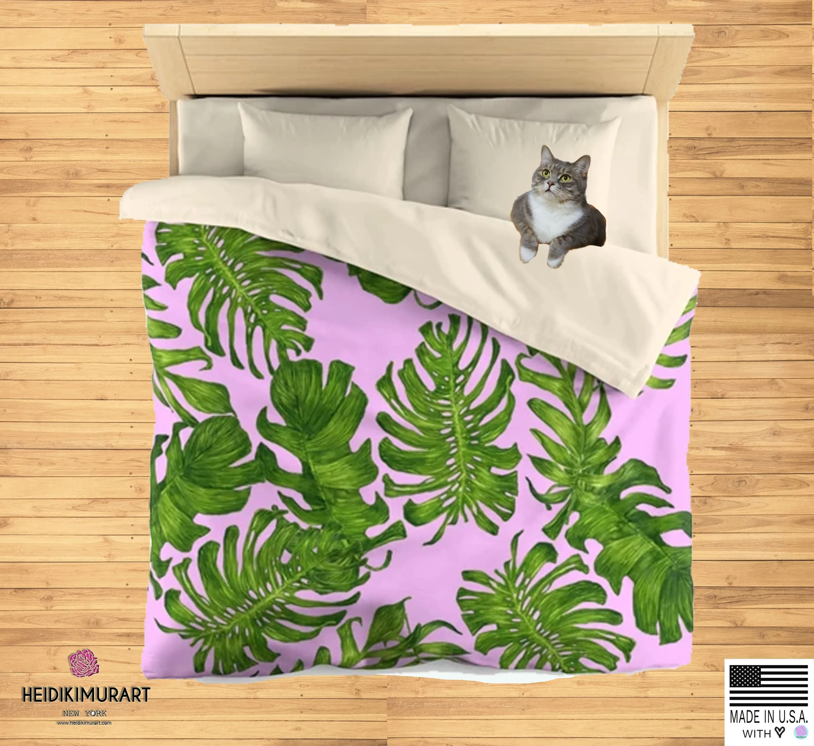 Pink Green Tropical Leaf Print Designer Microfiber Duvet Cover-Made in USA(Twin/ Queen)