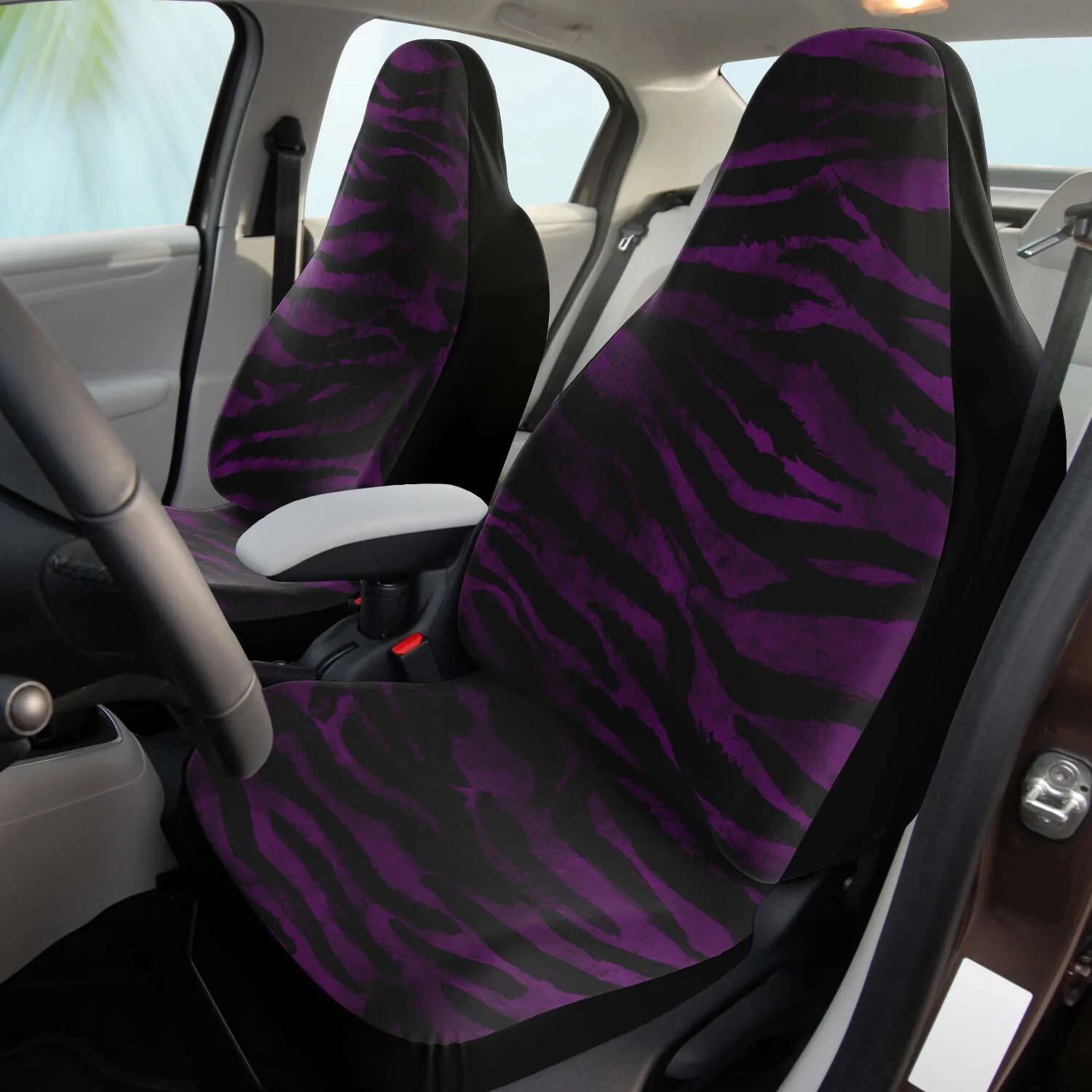 Purple Tiger Seat Covers, 2 Piece Tiger Striped Designer Animal Print Microfiber Seat Covers