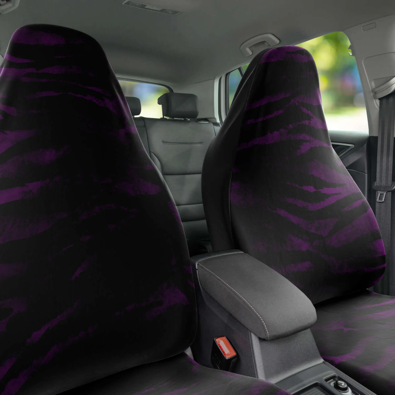 Purple Tiger Seat Covers, 2 Piece Tiger Striped Designer Animal Print Microfiber Seat Covers