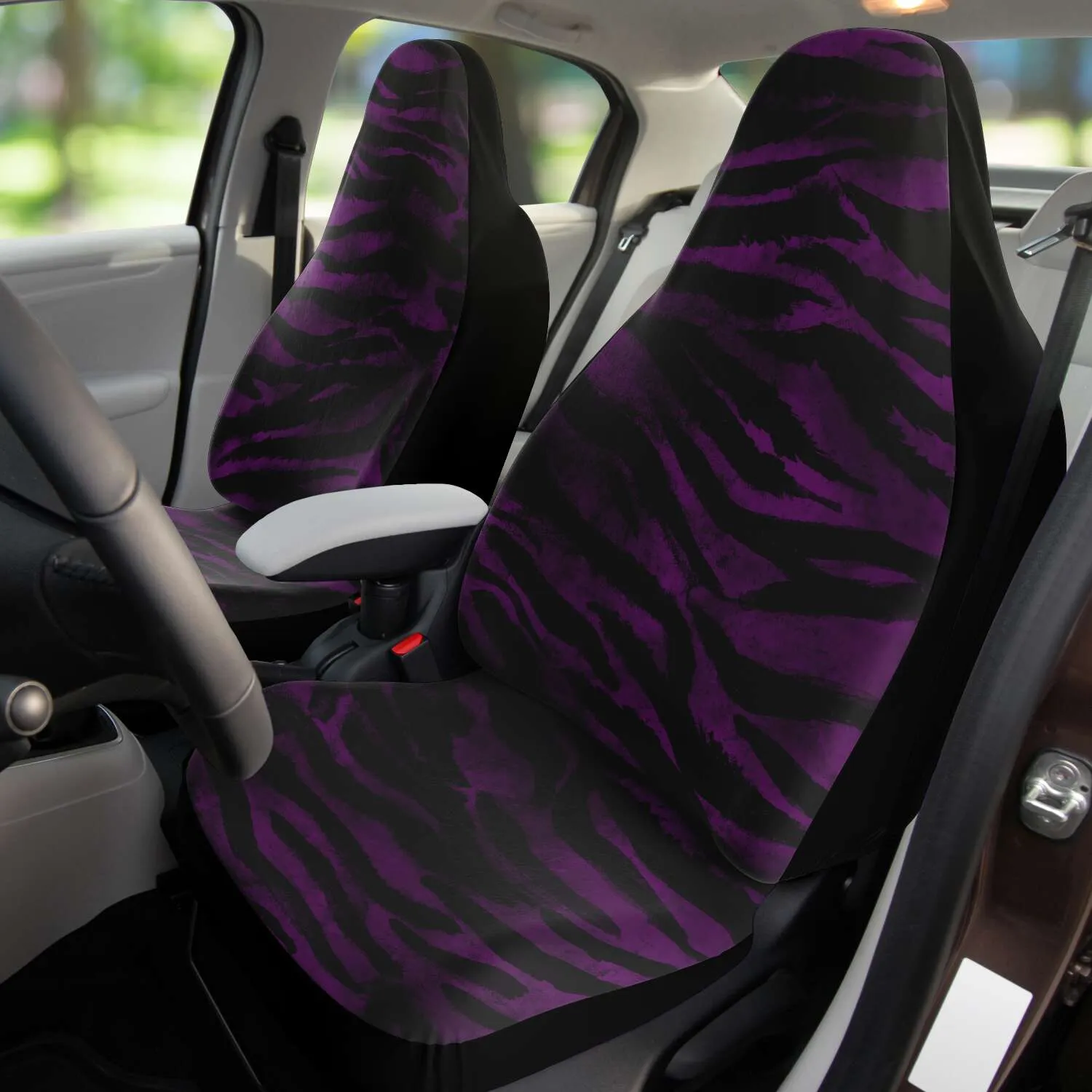 Purple Tiger Seat Covers, 2 Piece Tiger Striped Designer Animal Print Microfiber Seat Covers