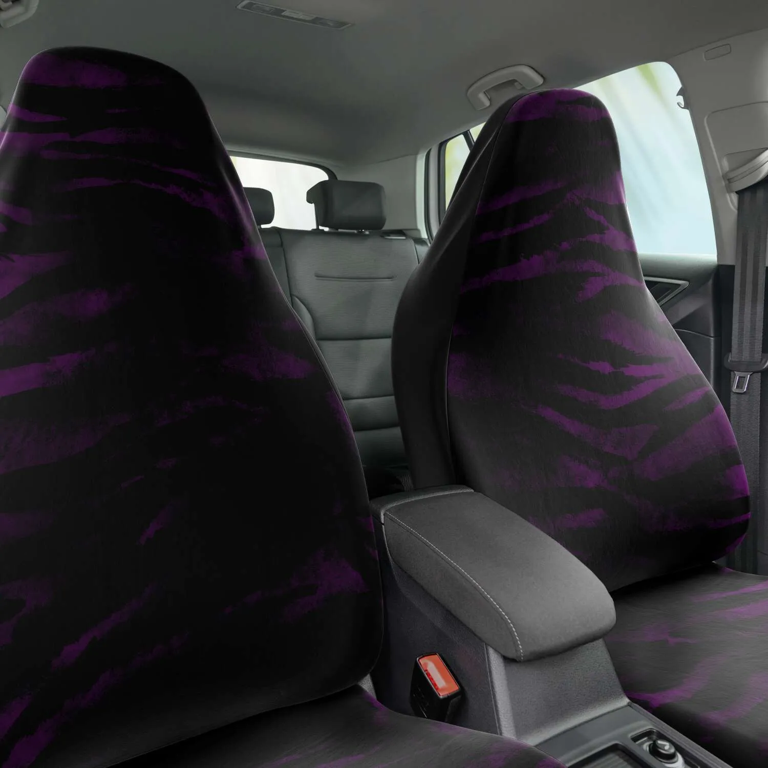 Purple Tiger Seat Covers, 2 Piece Tiger Striped Designer Animal Print Microfiber Seat Covers