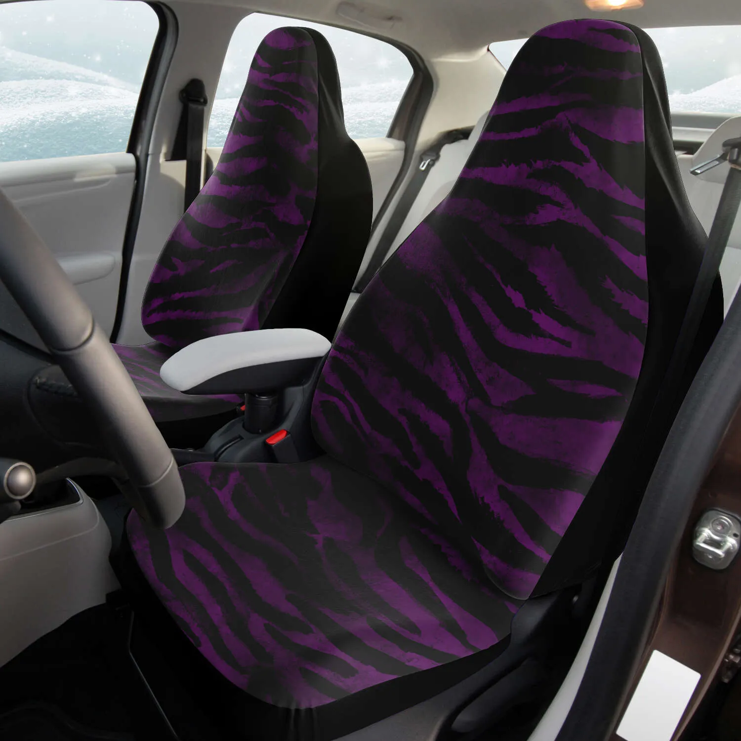 Purple Tiger Seat Covers, 2 Piece Tiger Striped Designer Animal Print Microfiber Seat Covers