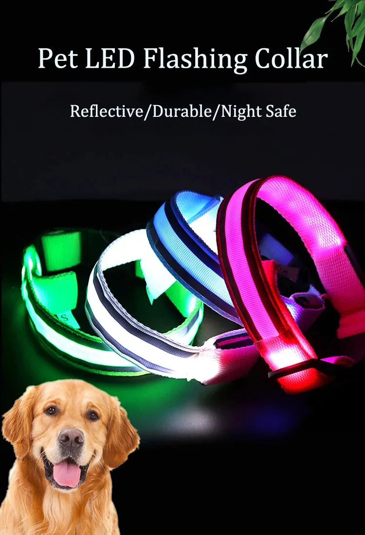 Reflective LED Dog Collar - USB Rechargeable and Button Battery Options