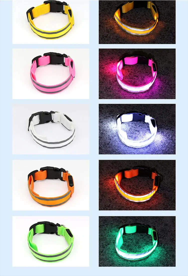 Reflective LED Dog Collar - USB Rechargeable and Button Battery Options