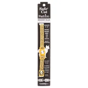 Safe Cat Jeweled Adjustable Breakaway Cat Collar - Gold Glitter - For Necks 8"-12" - (3/8" Wide)