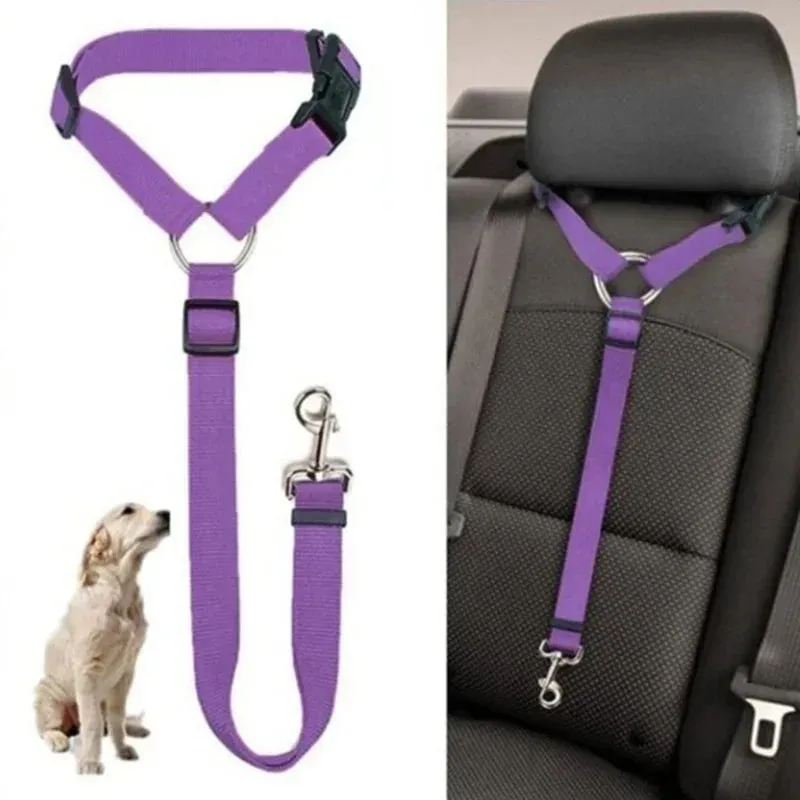 Solid Color Two-in-One Pet Car Seat Belt & Leash Nylon Lead - Adjustable Dogs Harness Collar, Backseat Safety Belt