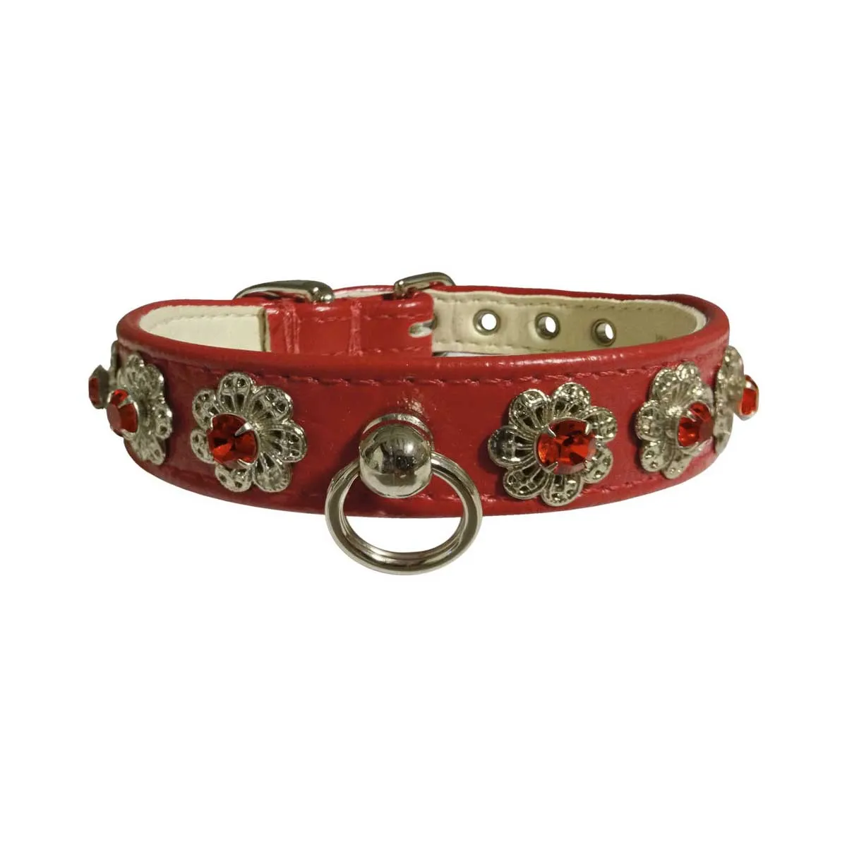 Starlite Faux Leather Collar with Crystal Flowers in Red