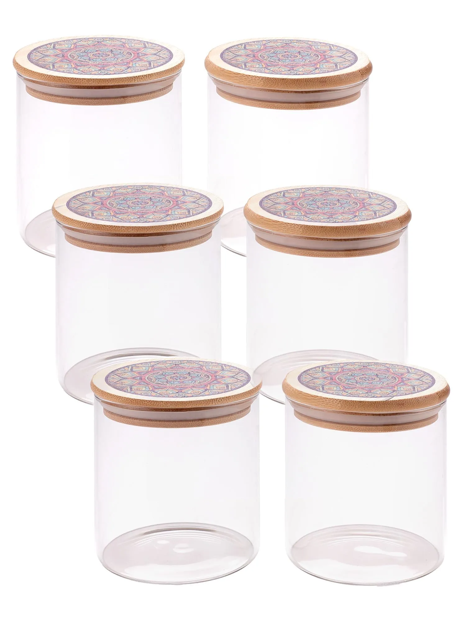 The Better Home UMAI Pack of 6 Glass Kitchen Containers Set 300ml Each I Air tight Storage Jars with Printed Bamboo Lids I Multiutility for Cookies, Snacks, Spices I Tea, Coffee, Sugar and Dry Fruits