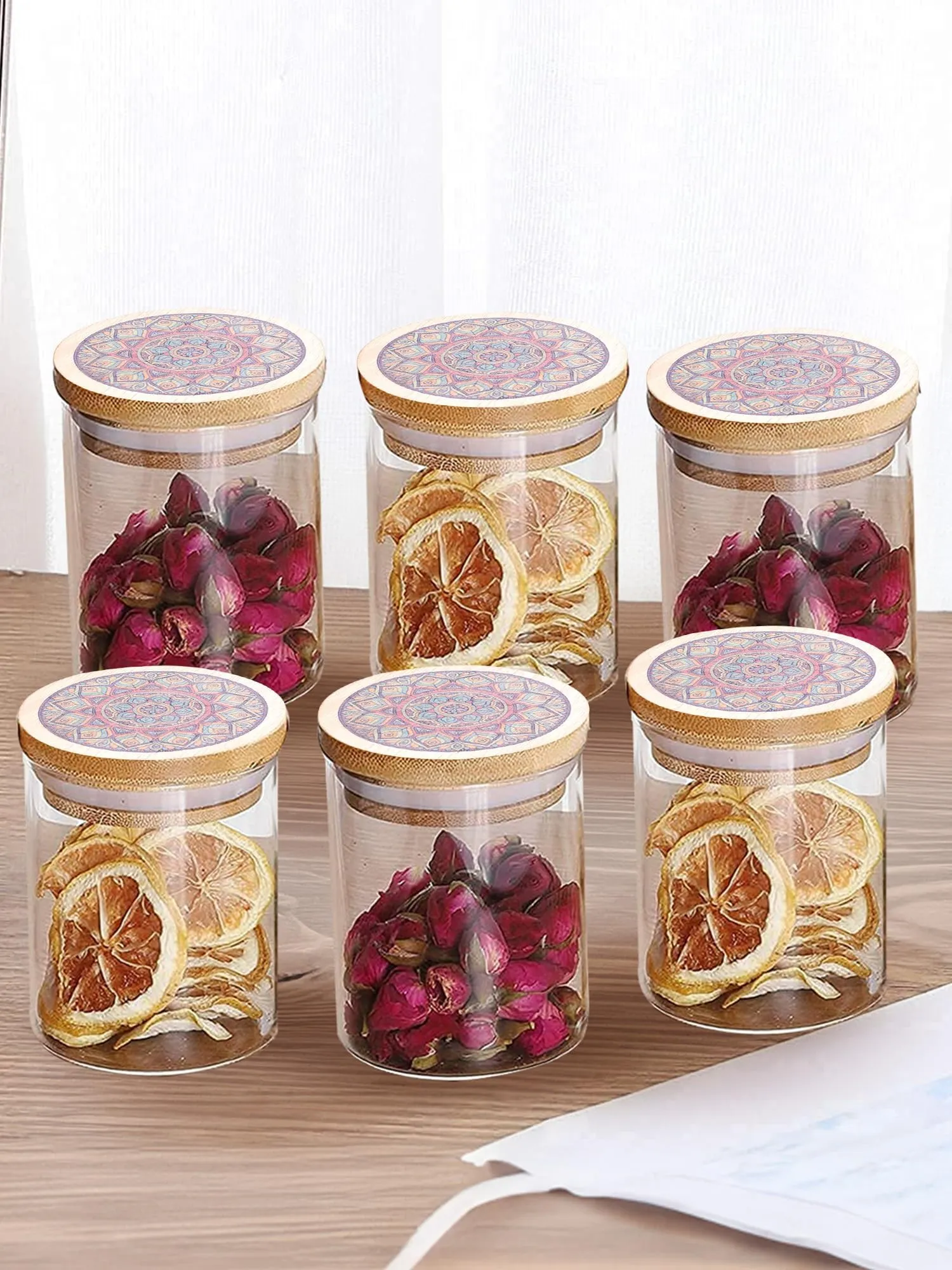 The Better Home UMAI Pack of 6 Glass Kitchen Containers Set 300ml Each I Air tight Storage Jars with Printed Bamboo Lids I Multiutility for Cookies, Snacks, Spices I Tea, Coffee, Sugar and Dry Fruits