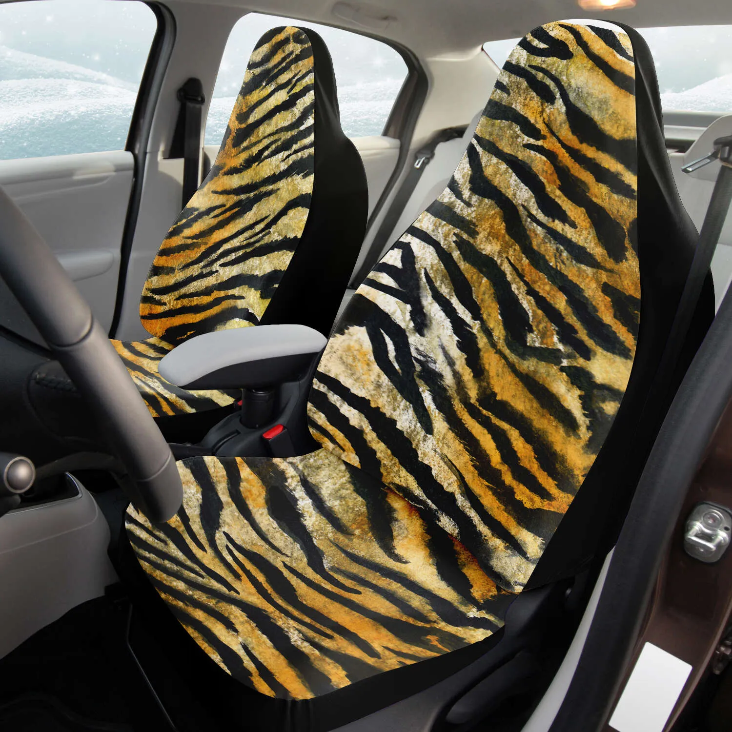 Tiger Stripe Car Seat Covers, Orange Tiger Animal Print Washable Car Accessories (2 Pack)