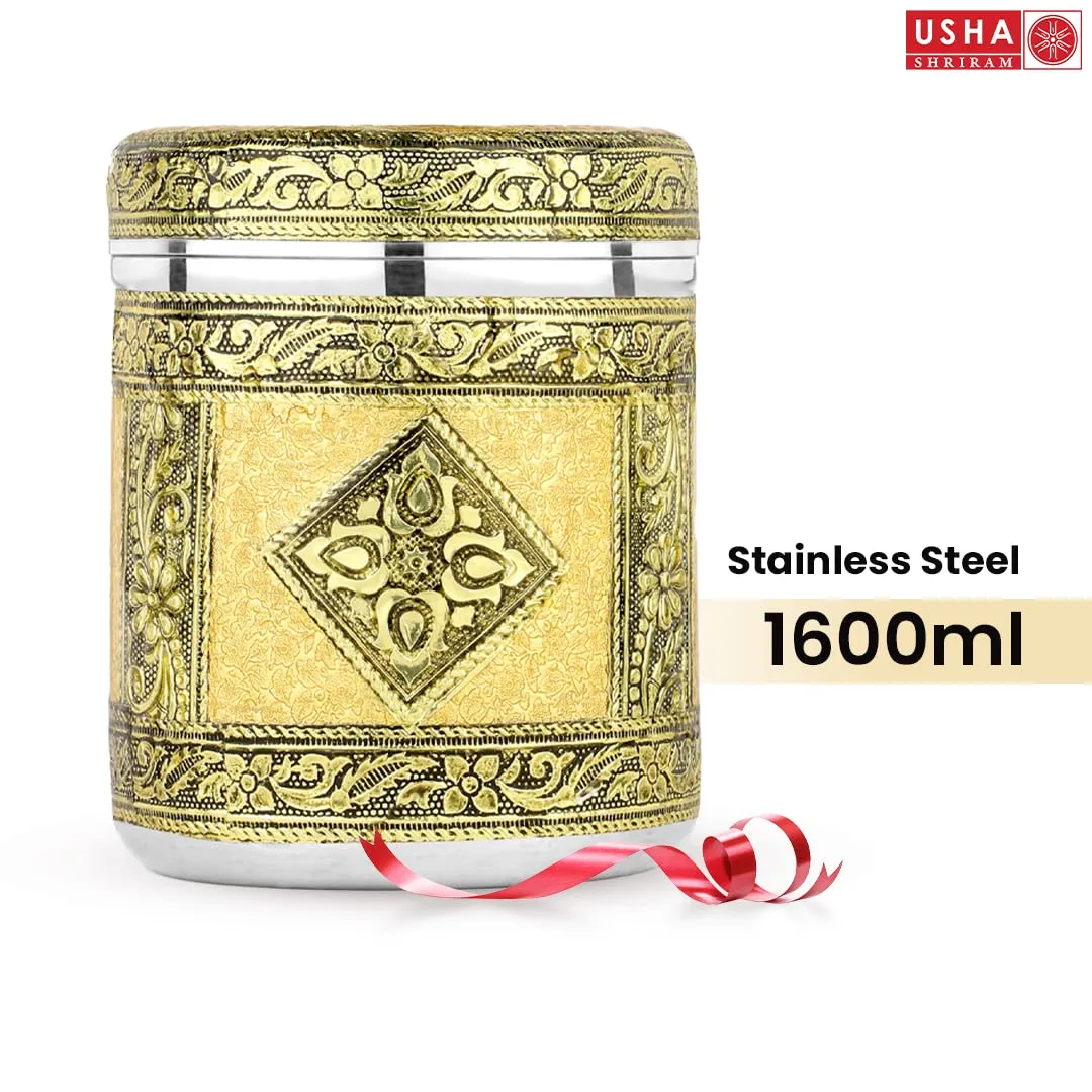 USHA SHRIRAM Stainless Steel Crafted Storage Box (Rexine - 1.6L)|Gift Set | Kitchen Storage Organiser | Dabba For Kitchen | Rust Proof | Multi Purpose Box