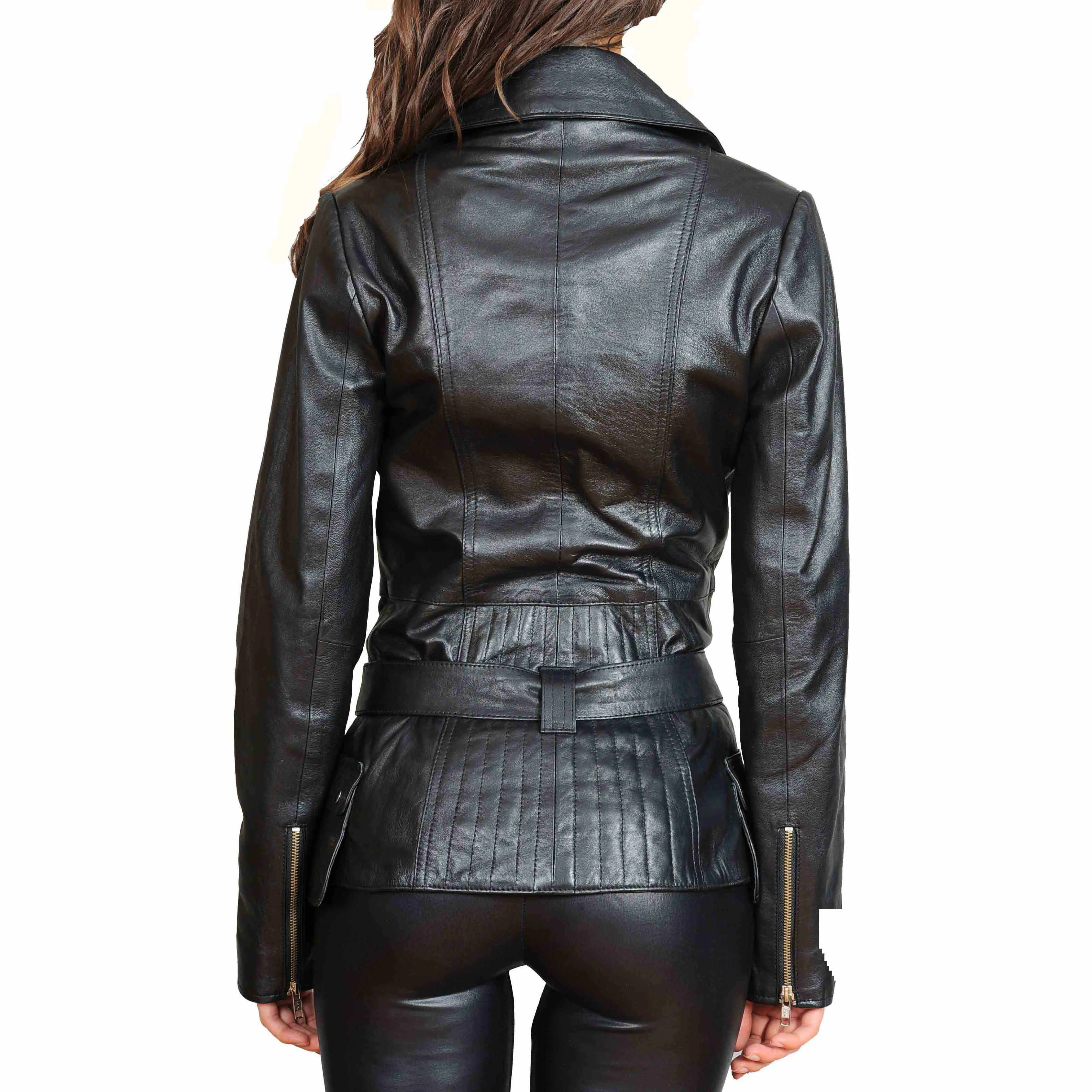 Womens Fitted Mid Length Biker Leather Jacket Hannah Black