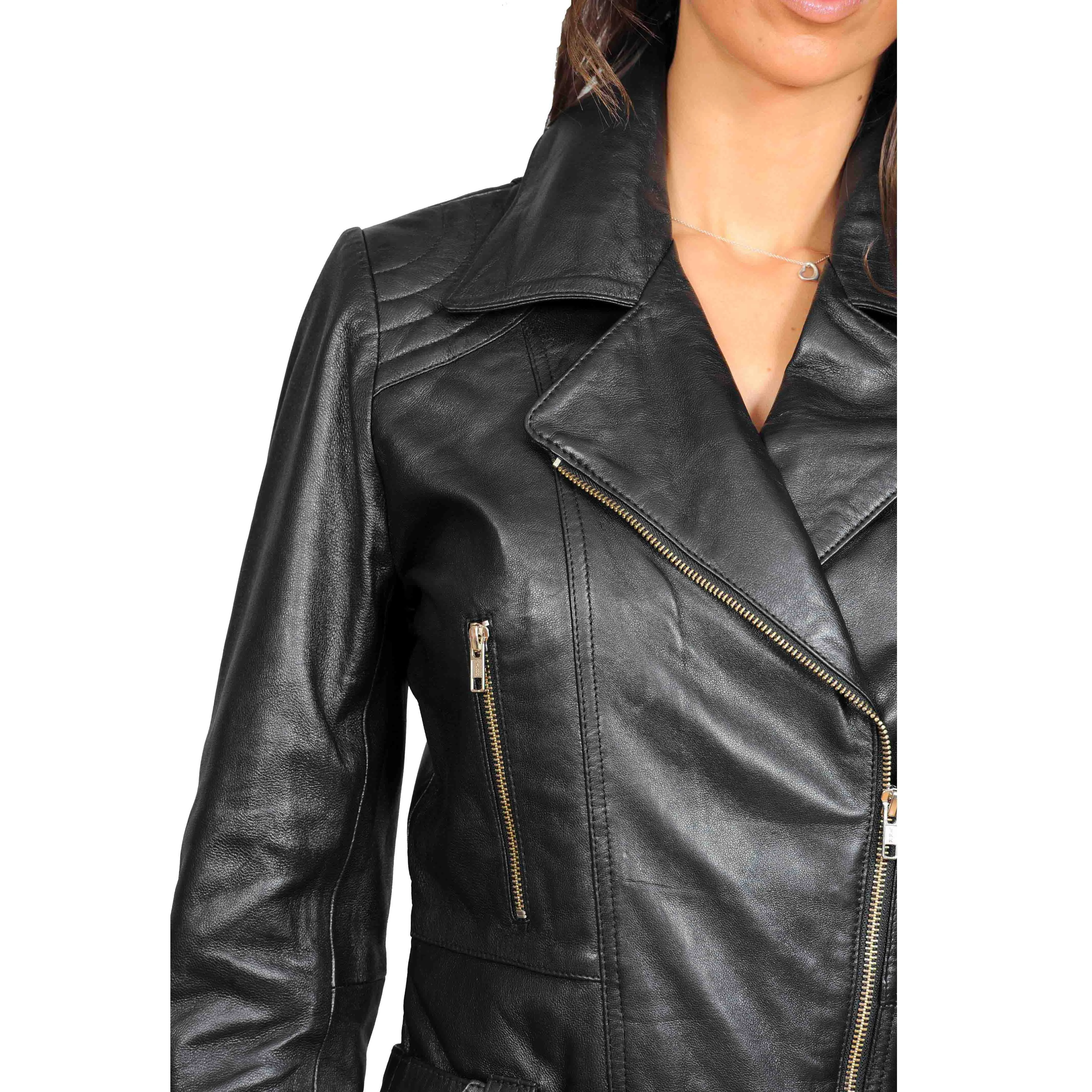 Womens Fitted Mid Length Biker Leather Jacket Hannah Black